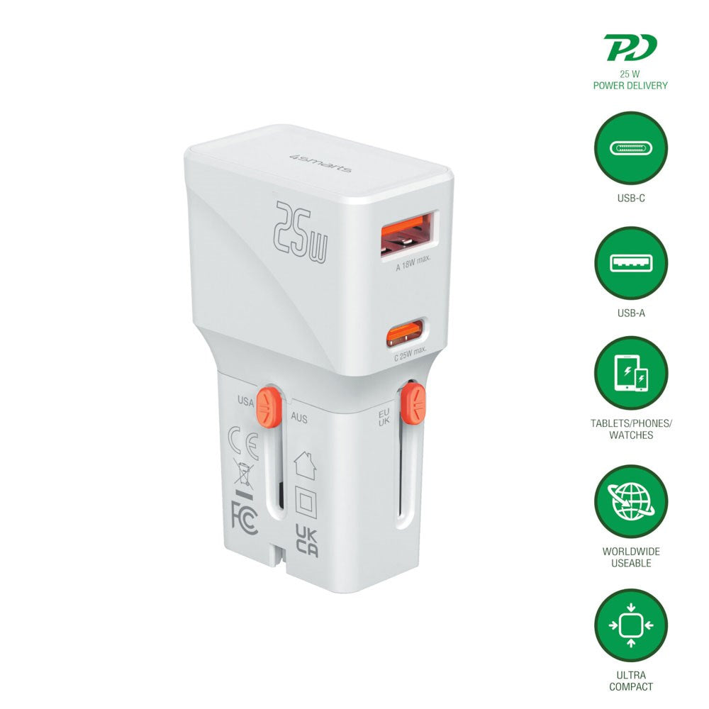 4smarts 25W Travel Adapter for EU/UK/US/AUS with 1 x USB-C 1 x USB-A - White