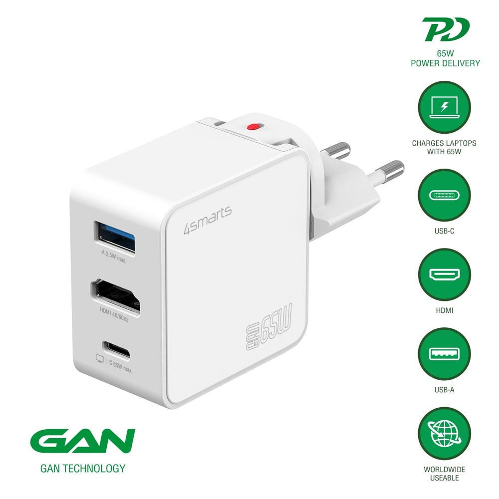 4smarts 3-in-1 HDMI Hub 65W Wall Charger - White