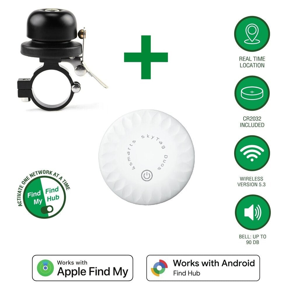 4smarts SkyTag GPS Tracker incl. Bell for Bicycle - Apple Find My & Android Find Hub - White / Black