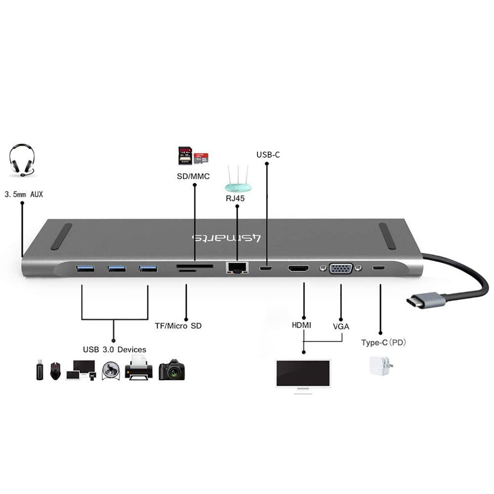 4smarts 11-in-1 USB-C Hub & Universal Tablet / Laptop Stand - Grey