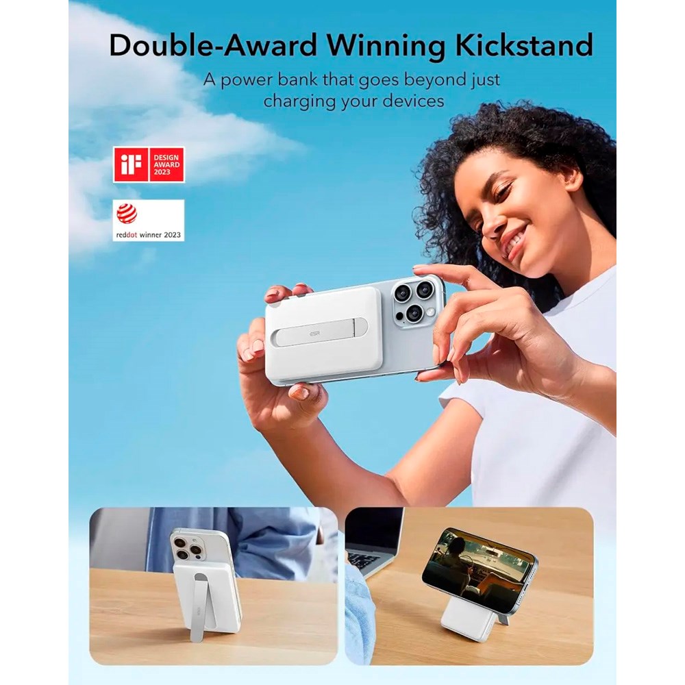 ESR Qi2 MagSlim PowerBank with Kickstand - 15W / 5000 mAh - MagSafe Compatible - White