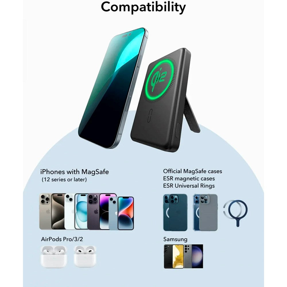 ESR Qi2 MagSlim PowerBank with Kickstand - 15W / 5000 mAh - MagSafe Compatible - Black