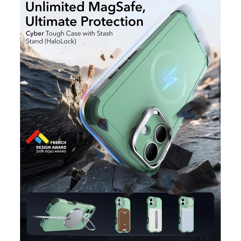 ESR iPhone 16 Cyber Armor Case with Kickstand - MagSafe Compatible - Green
