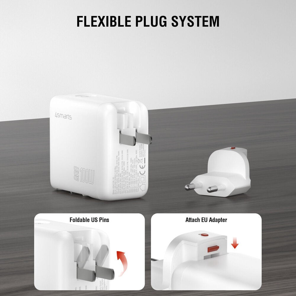 4smarts GaN 100W Wall Charger with Display - Built-in USB-C Cable - 1 x USB-A - 1 x USB-C - White