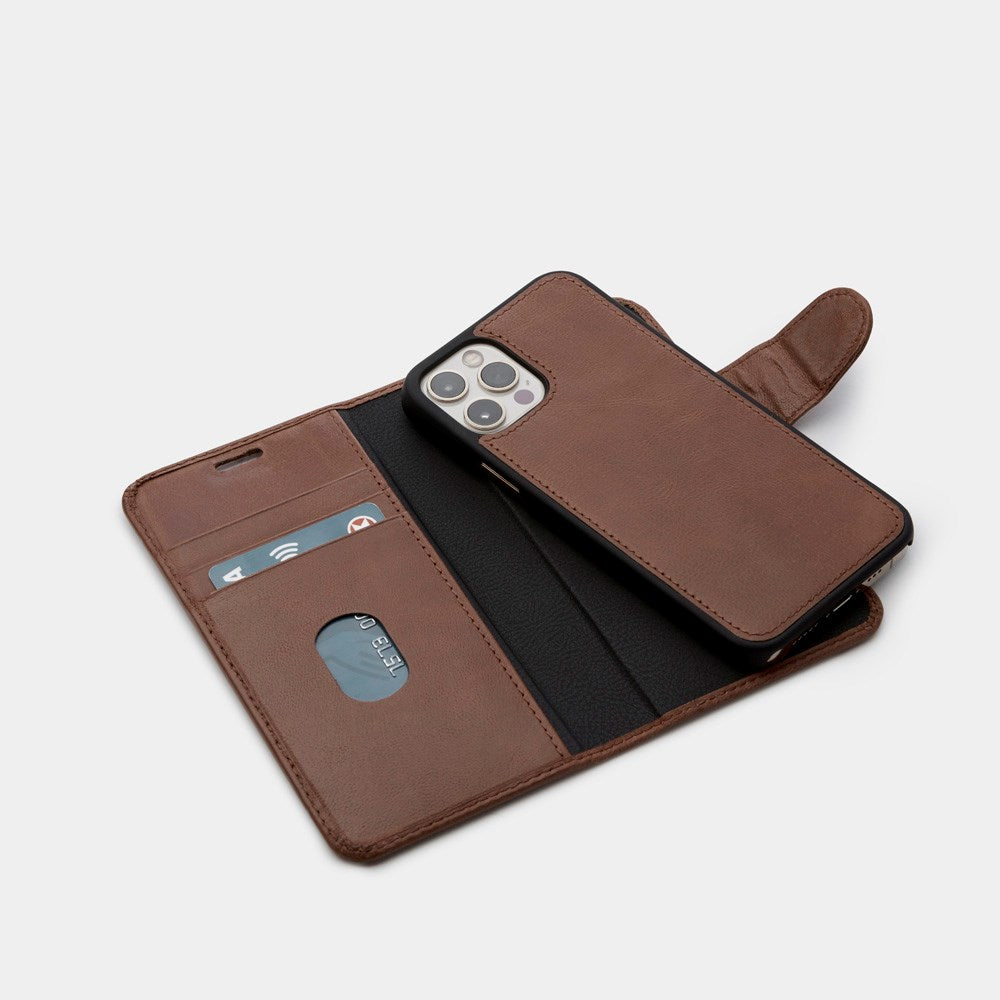 Trunk iPhone 13 Pro Genuine Leather Flip Case with Removable Back Case - Brown