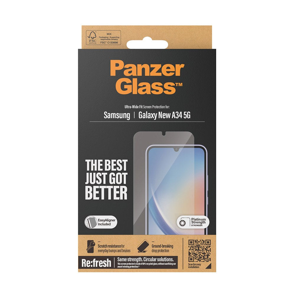Samsung Galaxy A35 (5G) PanzerGlass Ultra Wide Fit Re:fresh Screen Protector w. EasyAligner - Platinum Strength - Transparent