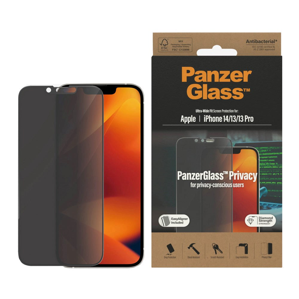 iPhone 14 / 13 / 13 Pro PanzerGlass AntiBacterial Ultra Wide Fit - Privacy - EasyAligner - Diamond Strength - Transparent