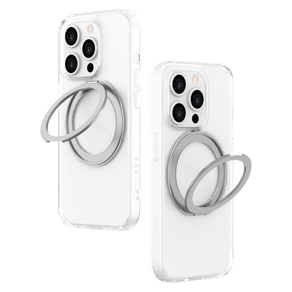 iPhone 15 Pro Lippa Hybrid Plastic Case with 360 Rotating Kickstand - MagSafe Compatible - Transparent / Silver