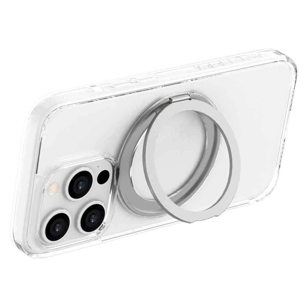 iPhone 15 Pro Lippa Hybrid Plastic Case with 360 Rotating Kickstand - MagSafe Compatible - Transparent / Silver