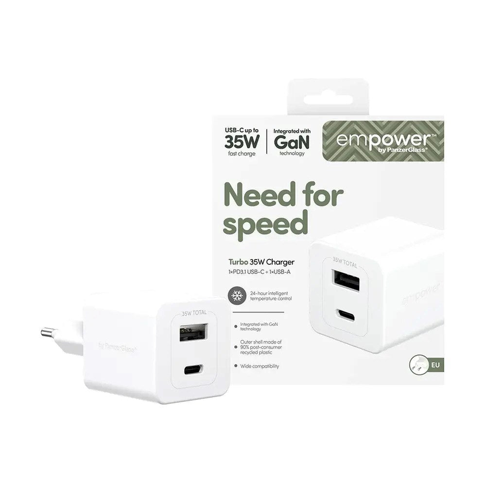 empower by PanzerGlass Turbo 35W Wall Charger with 1x USB-A & 1x USB-C – Silver White