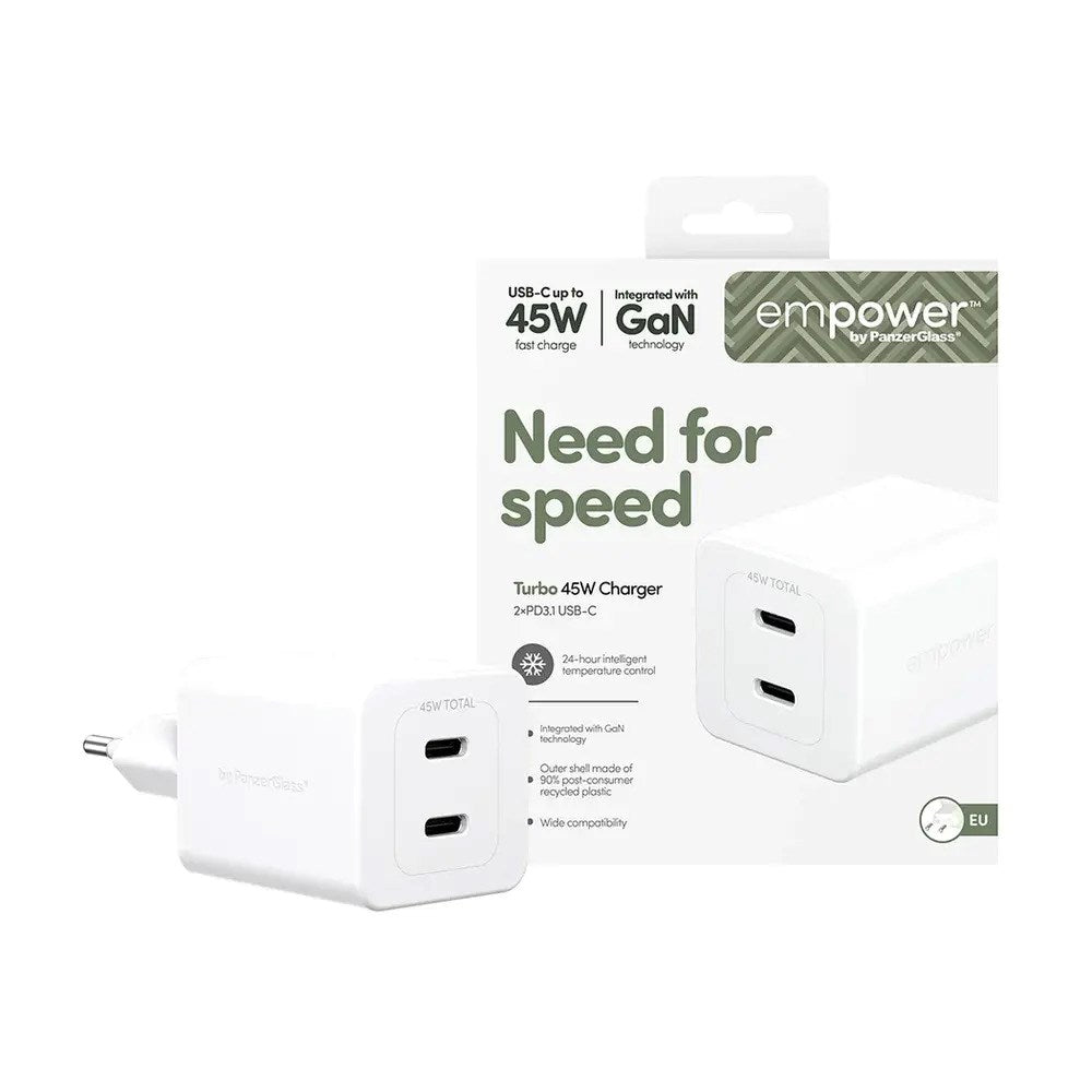 empower by PanzerGlass Turbo 45W Wall Charger with 2x USB-C – Silver White