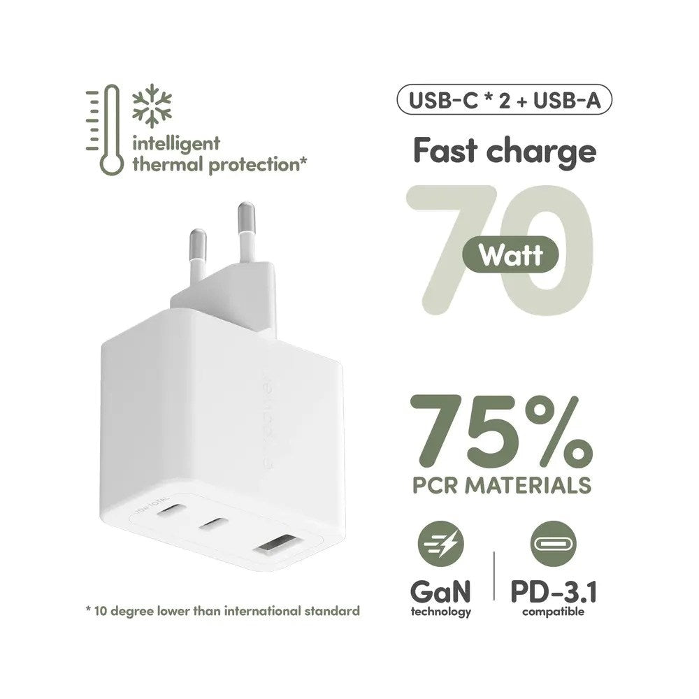 empower by PanzerGlass Turbo 70W Wall Charger with 1x USB-A & 2x USB-C - Silver White