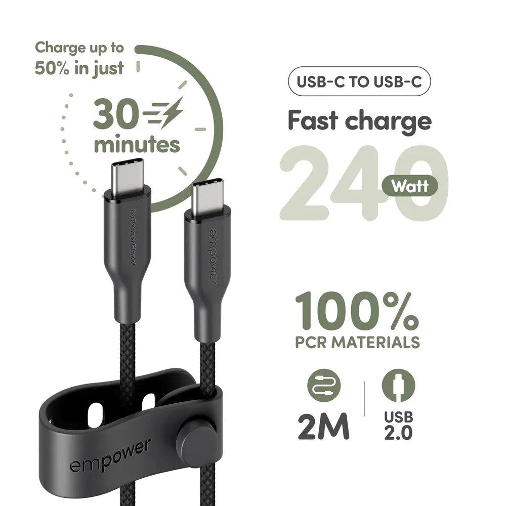 empower by PanzerGlass Racing 240W USB-C to USB-C Cable – 2m – Space Black