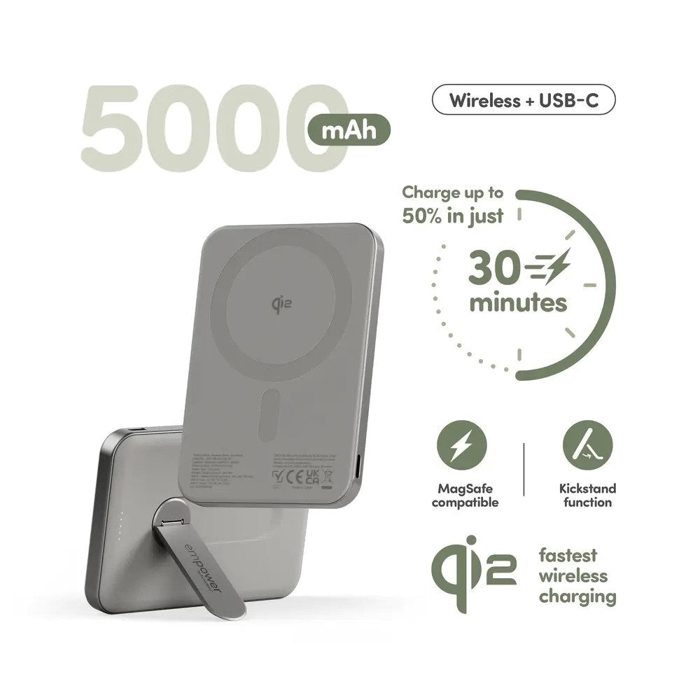 empower by PanzerGlass empower Bank with Spin Stand - 5000 mAh - Qi2 / MagSafe Compatible - Titanium