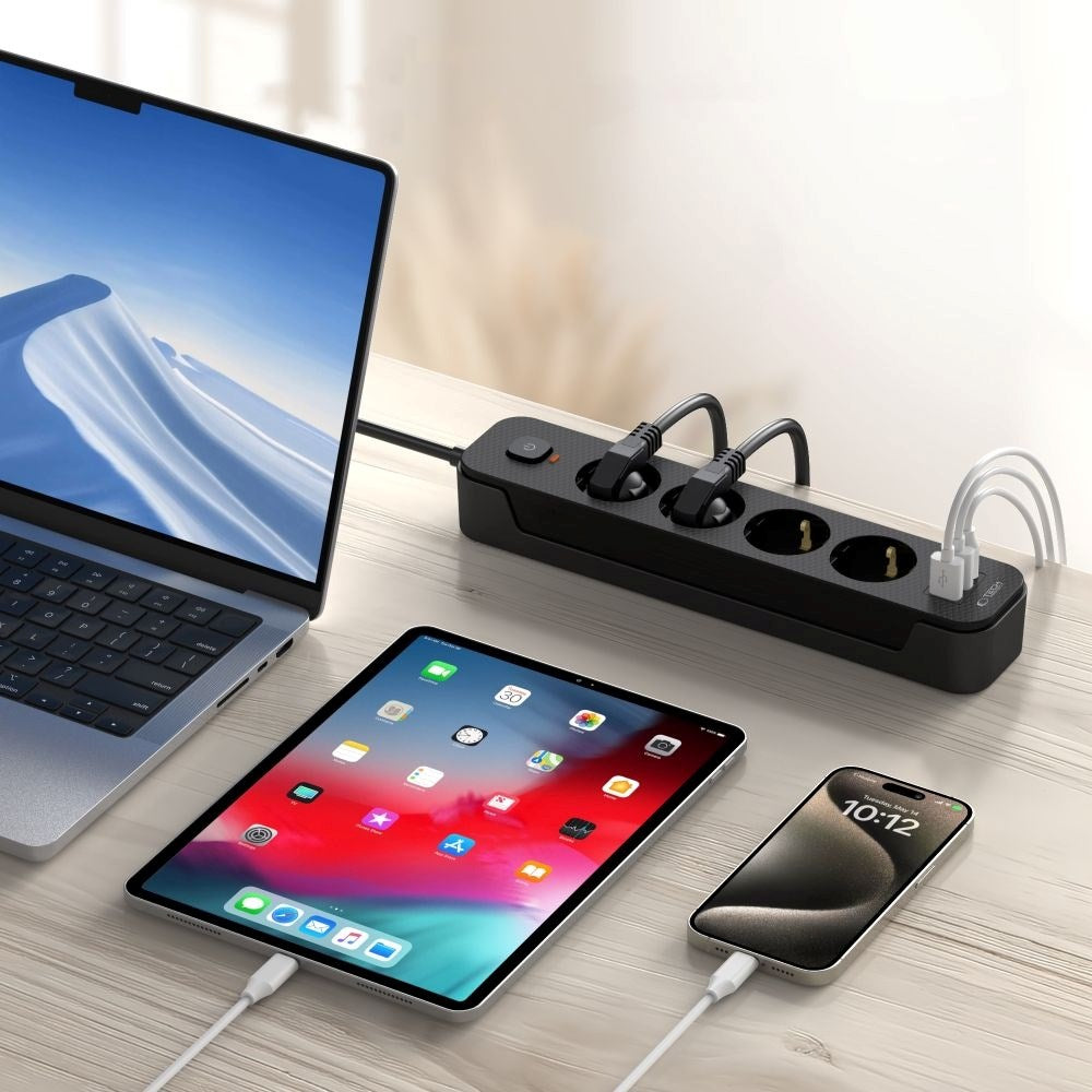 Tech-Protect Multifunctional Power Strip with 4 x Outlets / 2 x USB-A / 1 x USB-C - 2m - Black