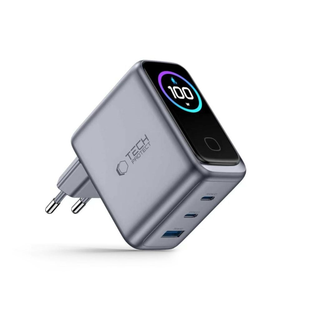 3-i-1 Wall Charger 100W w. 1x USB-A and 2x USB-C Tech-Protect PowerVision NC100W-GaN - Grey
