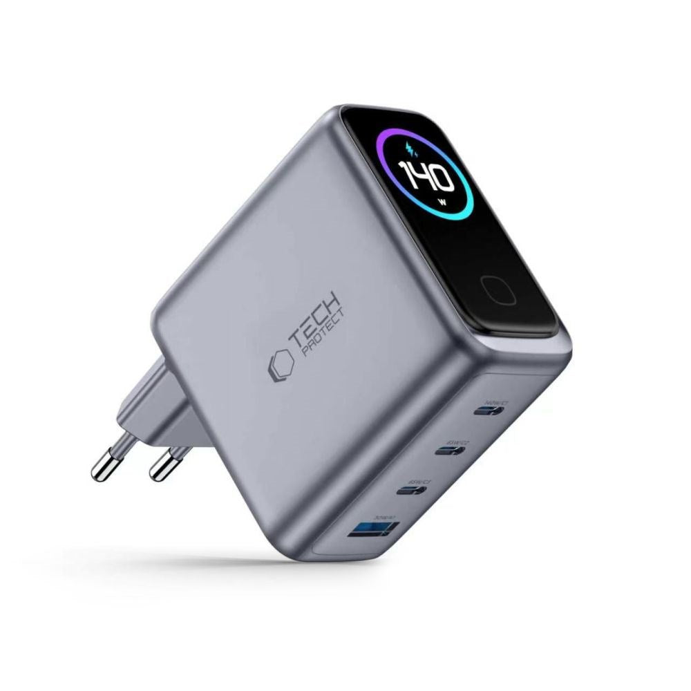 4-i-1 Wall Charger 140W w. 1x USB-A and 3x USB-C Tech-Protect PowerVision NC140W-GaN - Grey