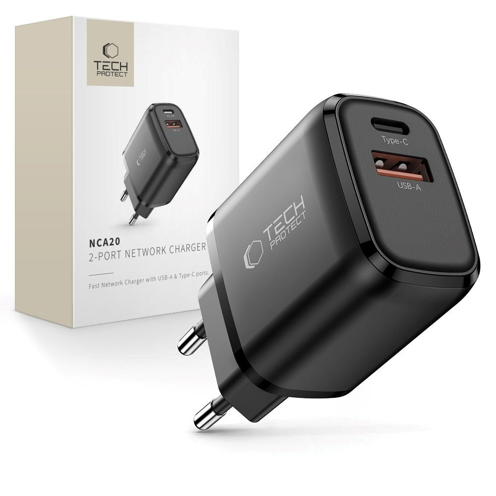 Tech-Protect NCA20 Wall Charger with 20W - 1 x USB-A & 1 x USB-C - Black