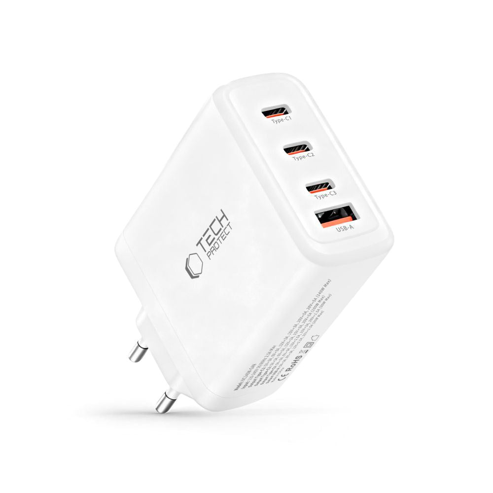 Tech-Protect 140W GaN Wall Charger with 1 x USB-A & 3 x USB-C – White