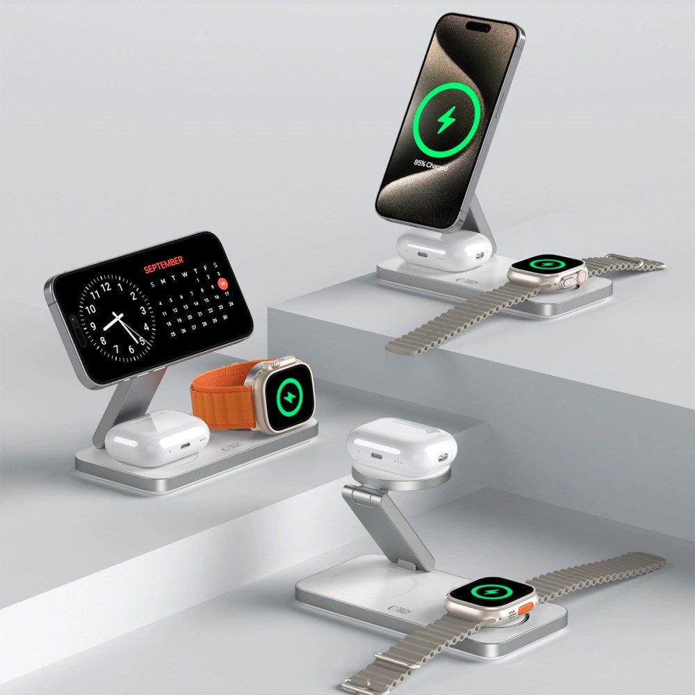 Tech-Protect 3-in-1 Magnetic Wireless Charger - MagSafe Compatible - 15W - White