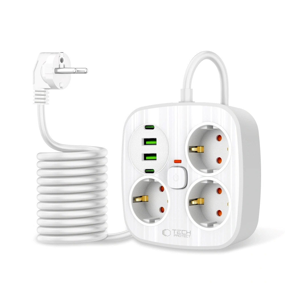 Tech-Protect Multifunctional Power Strip with 3 x Outlets / 2 x USB-A / 2 x USB-C - 2m - White