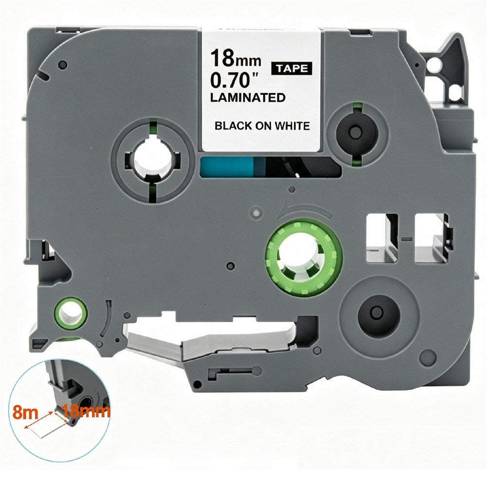 Label Tape Cassette 8 meters, Laminated, Compatible with Brother P-Touch label printers, Black on White - 18mm