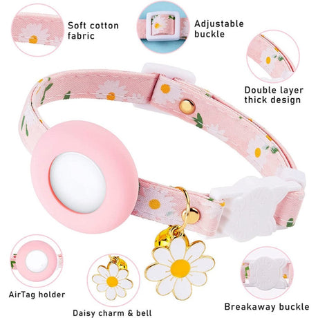 Cat Collar with AirTag Silicone Case & Film - Pink with Daisies