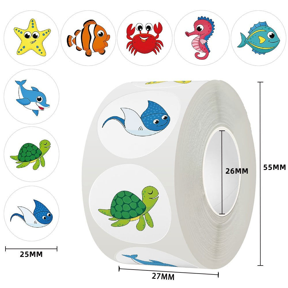 Roll of 500 x Stickers of Cartoon Animals - Sea Animals