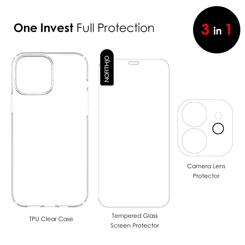 NORTHJO iPhone 12 | 3-in-1 360° Protection Set with Case | Screen Protector | Camera Lens Protector - Transparent