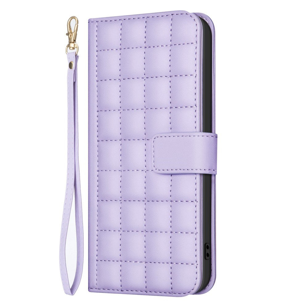 iPhone 16 Pro Checkered Leatherette Flip Wallet Case with Strap - Purple