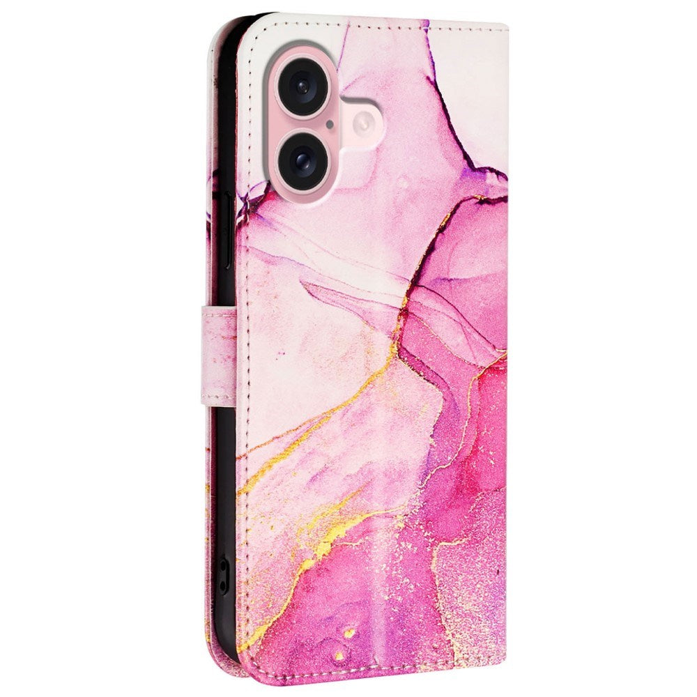 EIDERWOOD iPhone 16 Plus Faux Leather Case with Wallet and Strap - Pink Marble