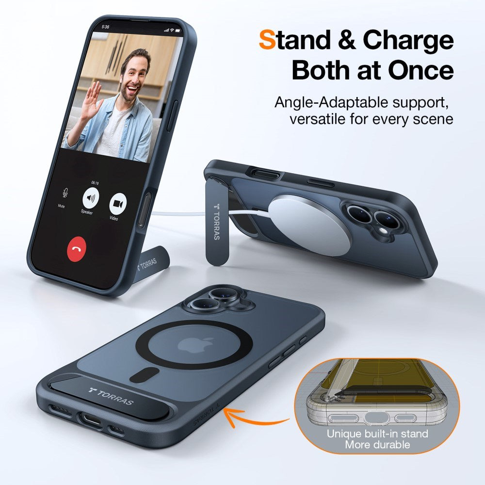 TORRAS iPhone 16 Hybrid Case with Stand Function - MagSafe Compatible - Black