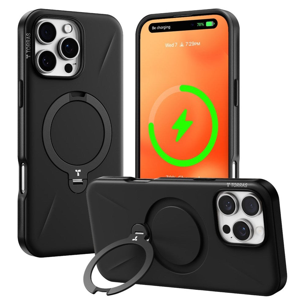 TORRAS iPhone 16 Pro Flexible Plastic Case with Ring Kickstand - MagSafe Compatible - Black
