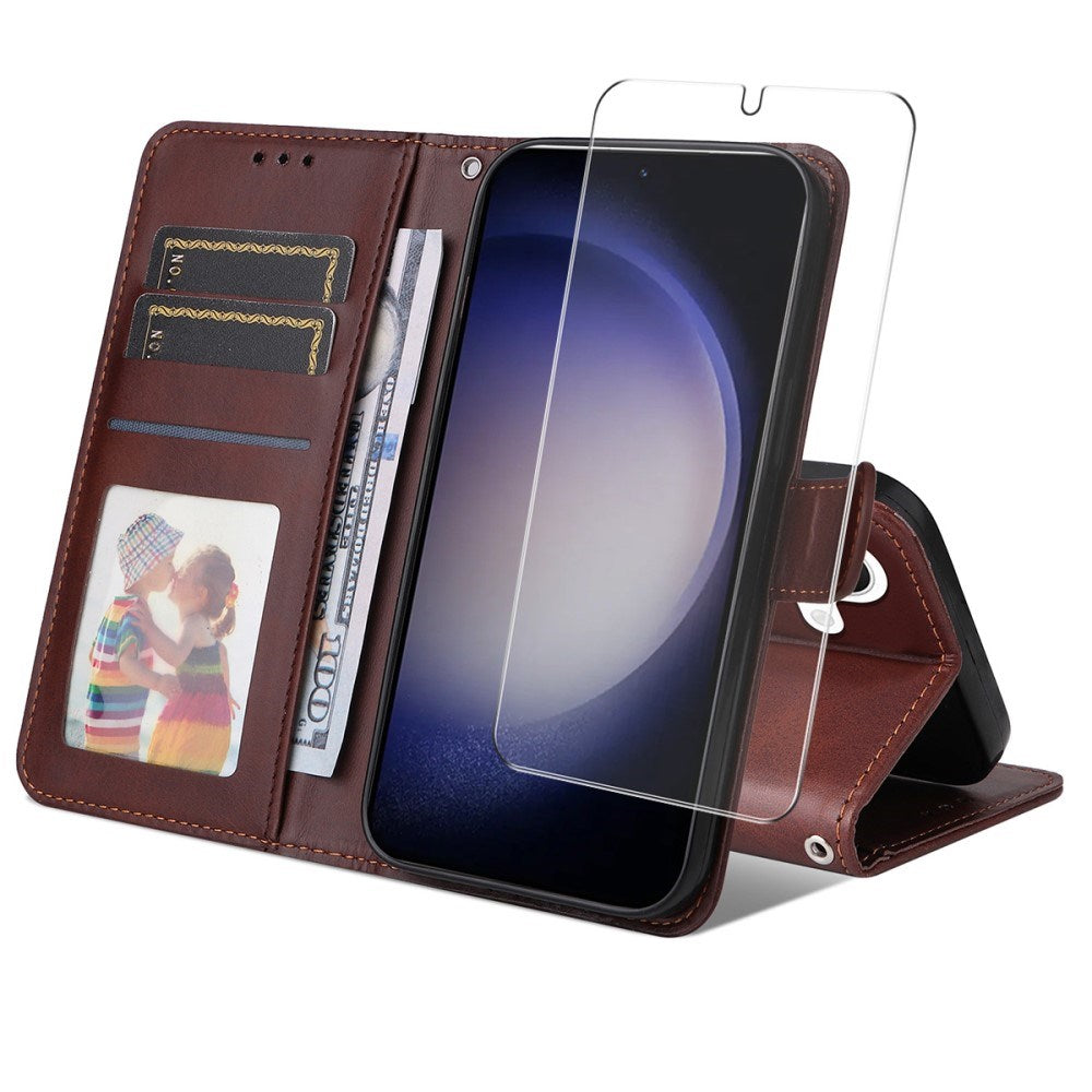 EIDERWOOD Samsung Galaxy S25+ (Plus) / 24+ (Plus) 2-in-1 Faux Leather Flip Case with Screen Protector Glass - Brown