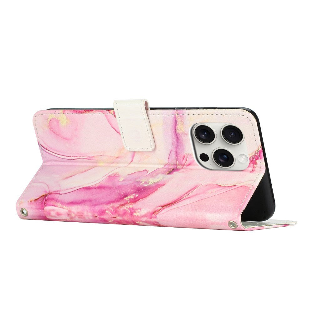 EIDERWOOD iPhone 16 Pro Max Faux Leather Flip Case with Wallet & Strap - Marble Design - Pink