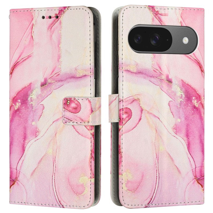 EIDERWOOD Google Pixel 10 / 10 Pro / 9 / 9 Pro Marble Faux Leather Flip Case with Strap - Rose Gold
