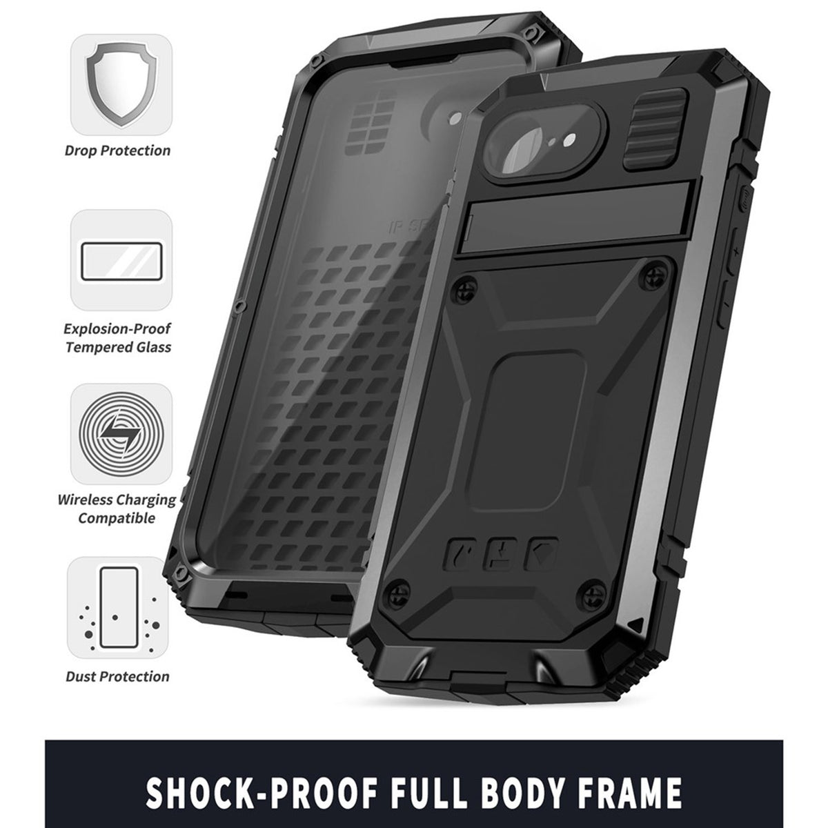 iPhone 17e / 16e R-JUST Hybrid Rugged Case with Built-In Screen Protector & Kickstand - Black