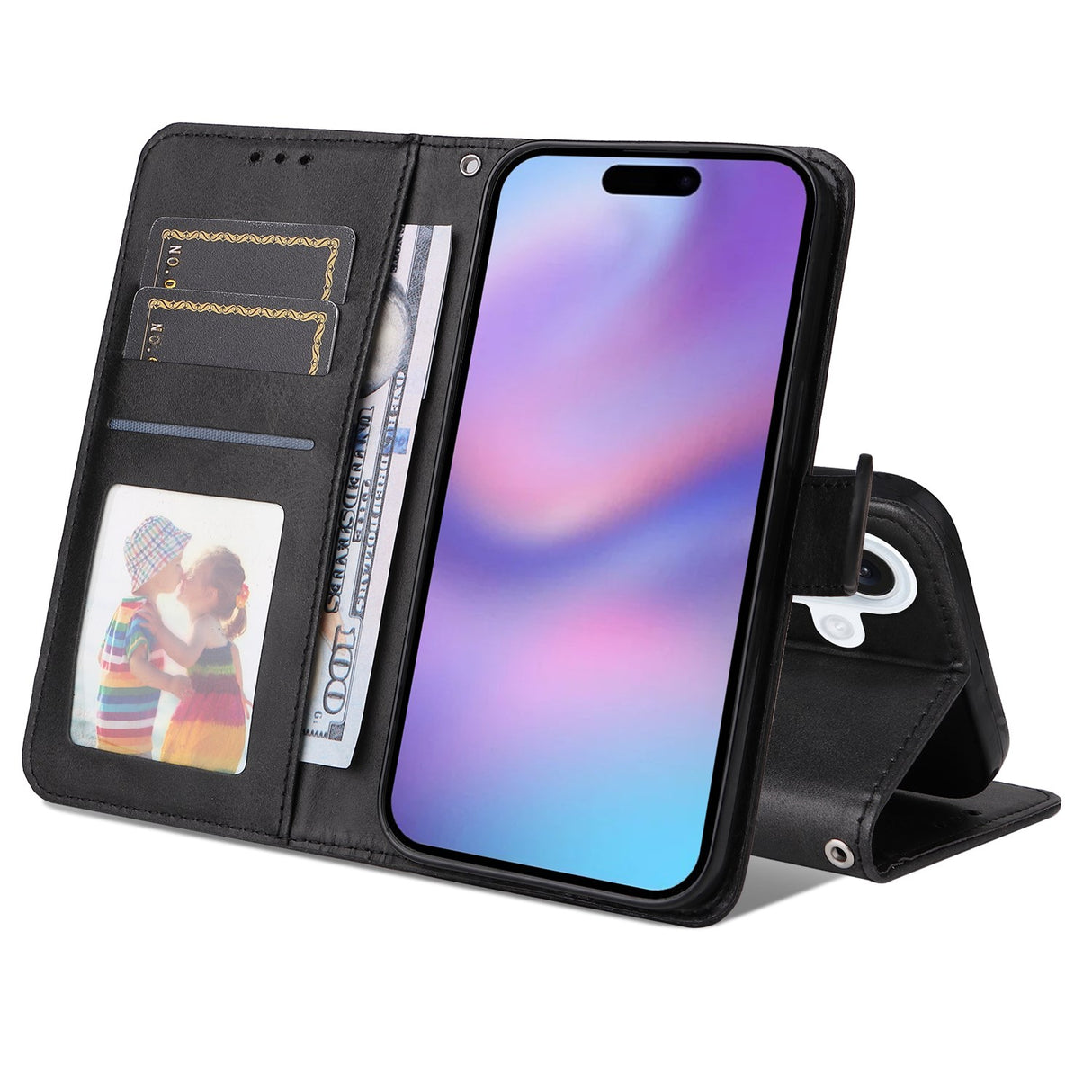 EIDERWOOD iPhone 17 Faux Leather Flip Case with Wallet & Strap - Black