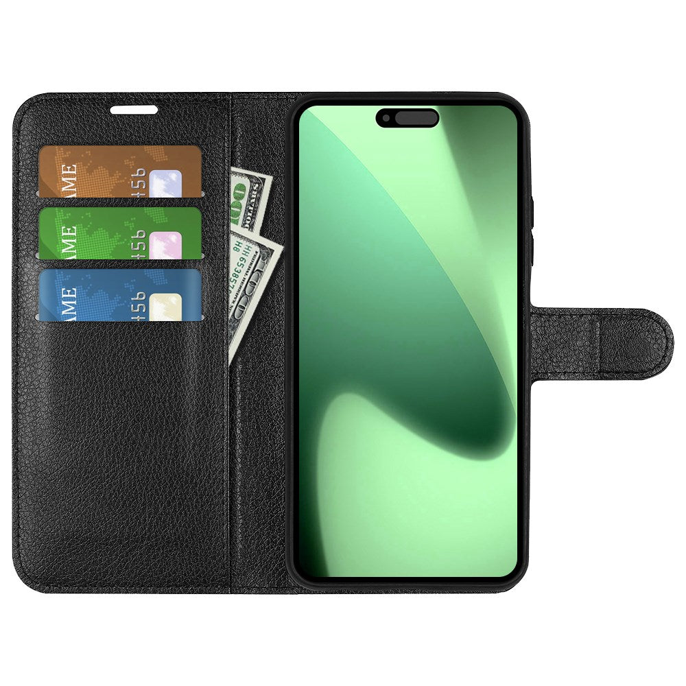 EIDERWOOD iPhone 17 Pro Litchi Flip Case with Built-in Card Holder & Stand Function - Black