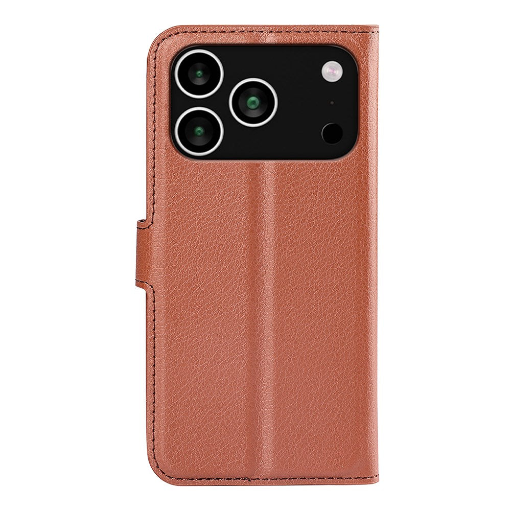 EIDERWOOD iPhone 17 Pro Litchi Flip Case with Built-in Card Holder & Stand Function - Brown