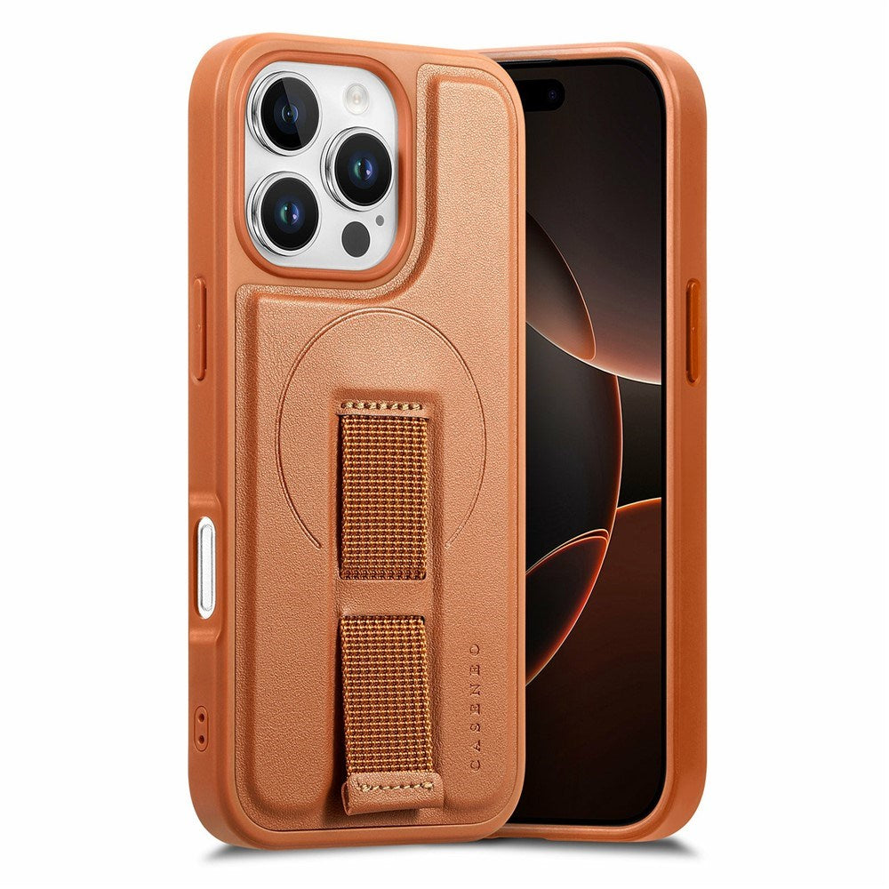 iPhone 16 Pro Hard Plastic Case with Faux Leather Back & Finger Strap - MagSafe Compatible - Brown