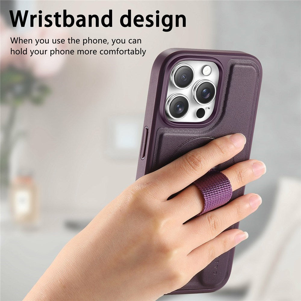 iPhone 16 Pro Hard Plastic Case with Faux Leather Back & Finger Strap - MagSafe Compatible - Purple
