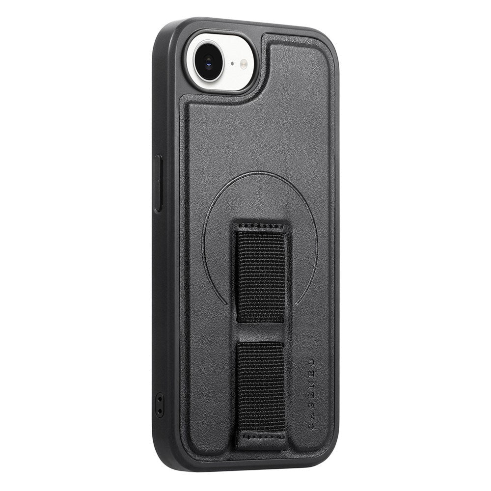 iPhone 16e Hard Plastic Case with Faux Leather Back & Finger Strap - MagSafe Compatible - Black