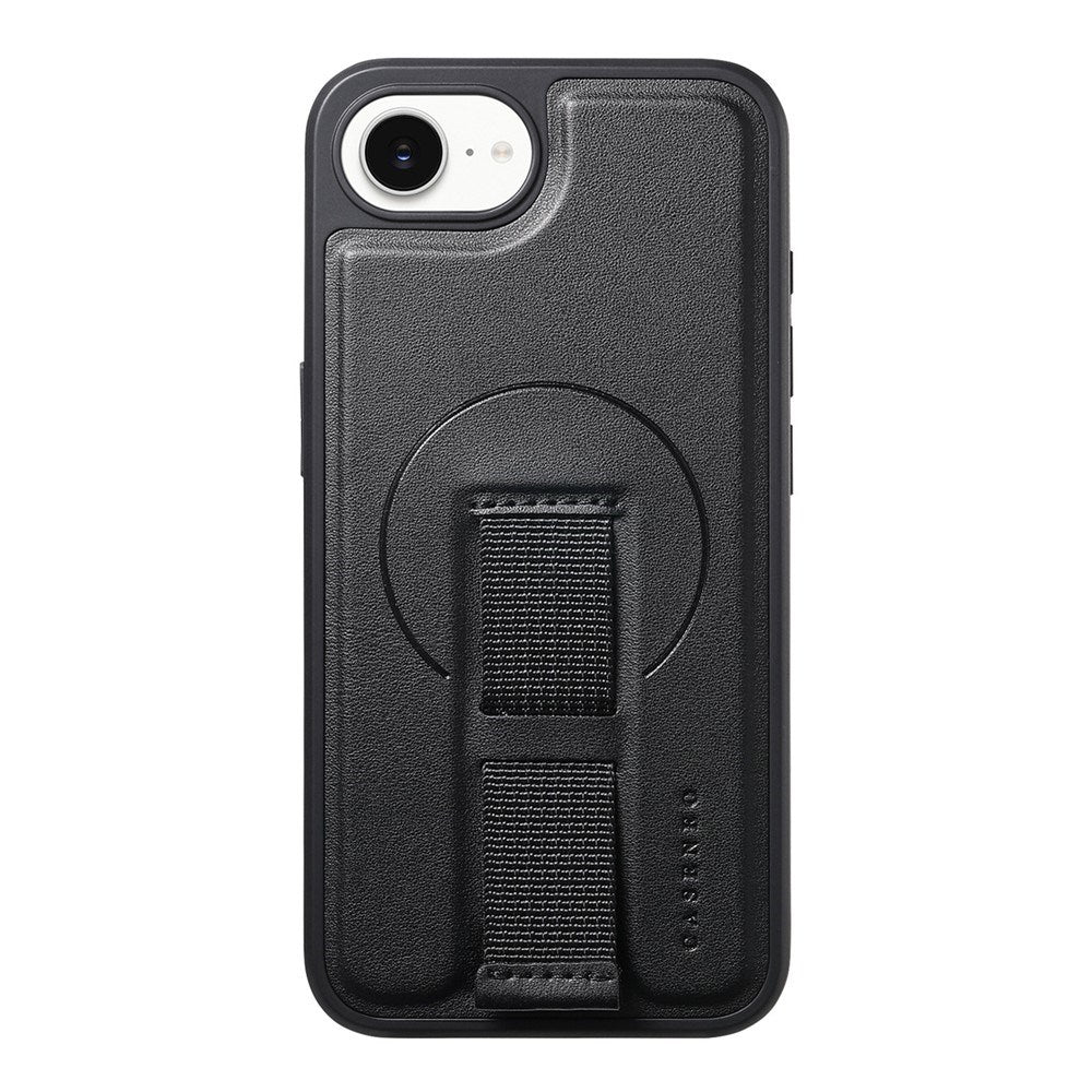 iPhone 16e Hard Plastic Case with Faux Leather Back & Finger Strap - MagSafe Compatible - Black