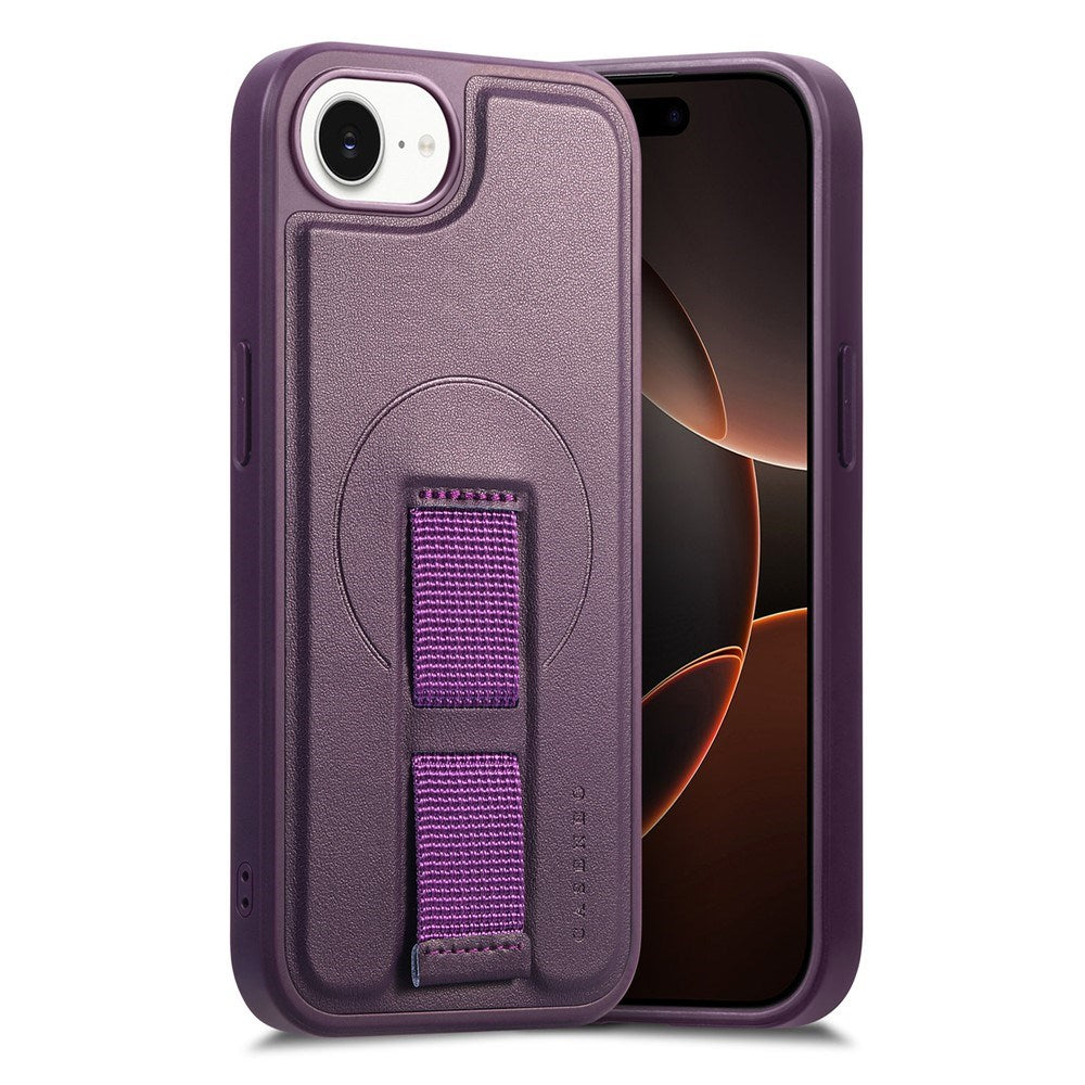 iPhone 16e Hard Plastic Case with Faux Leather Back & Finger Strap - MagSafe Compatible - Purple