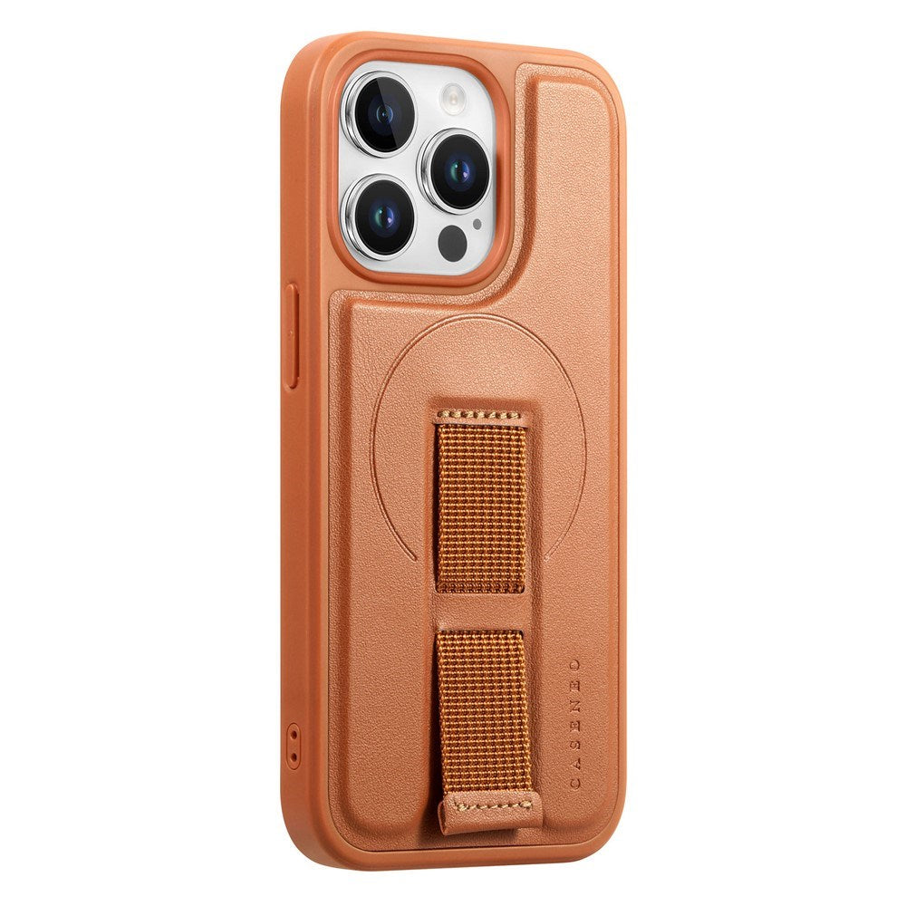 iPhone 13 Pro Hard Plastic Case with Faux Leather Back & Finger Strap - MagSafe Compatible - Brown