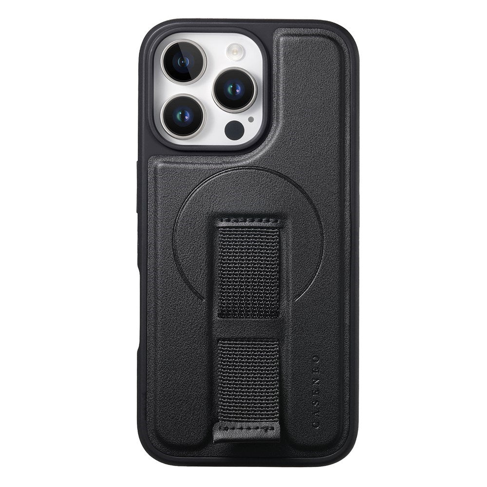 iPhone 13 Pro Hard Plastic Case with Faux Leather Back & Finger Strap - MagSafe Compatible - Black