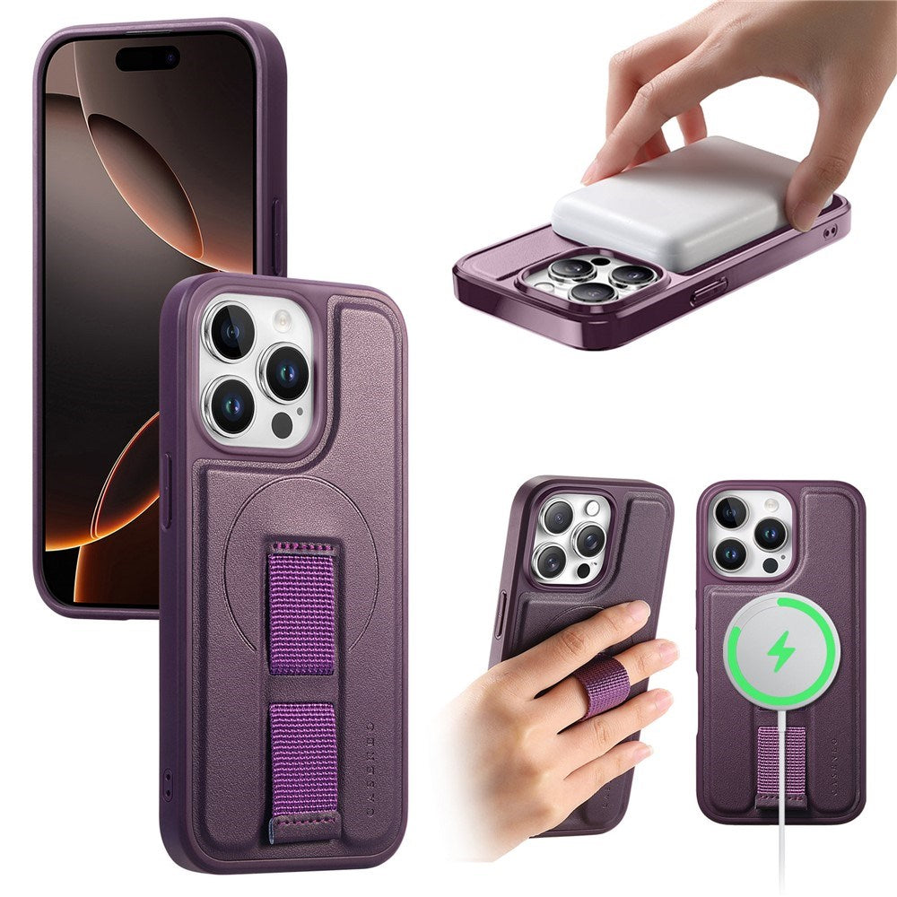 iPhone 13 Pro Hard Plastic Case with Faux Leather Back & Finger Strap - MagSafe Compatible - Purple
