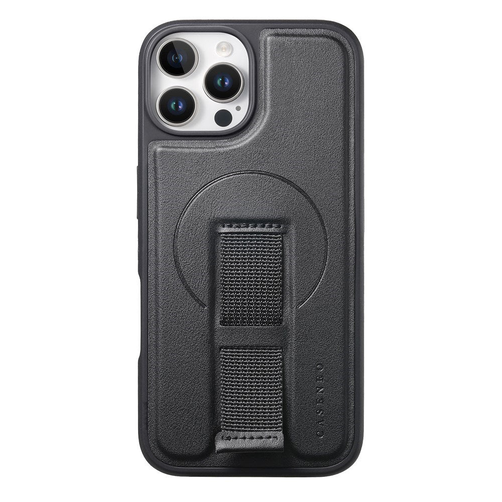 iPhone 12 / 12 Pro Hard Plastic Case with Faux Leather Back & Finger Strap - MagSafe Compatible - Black