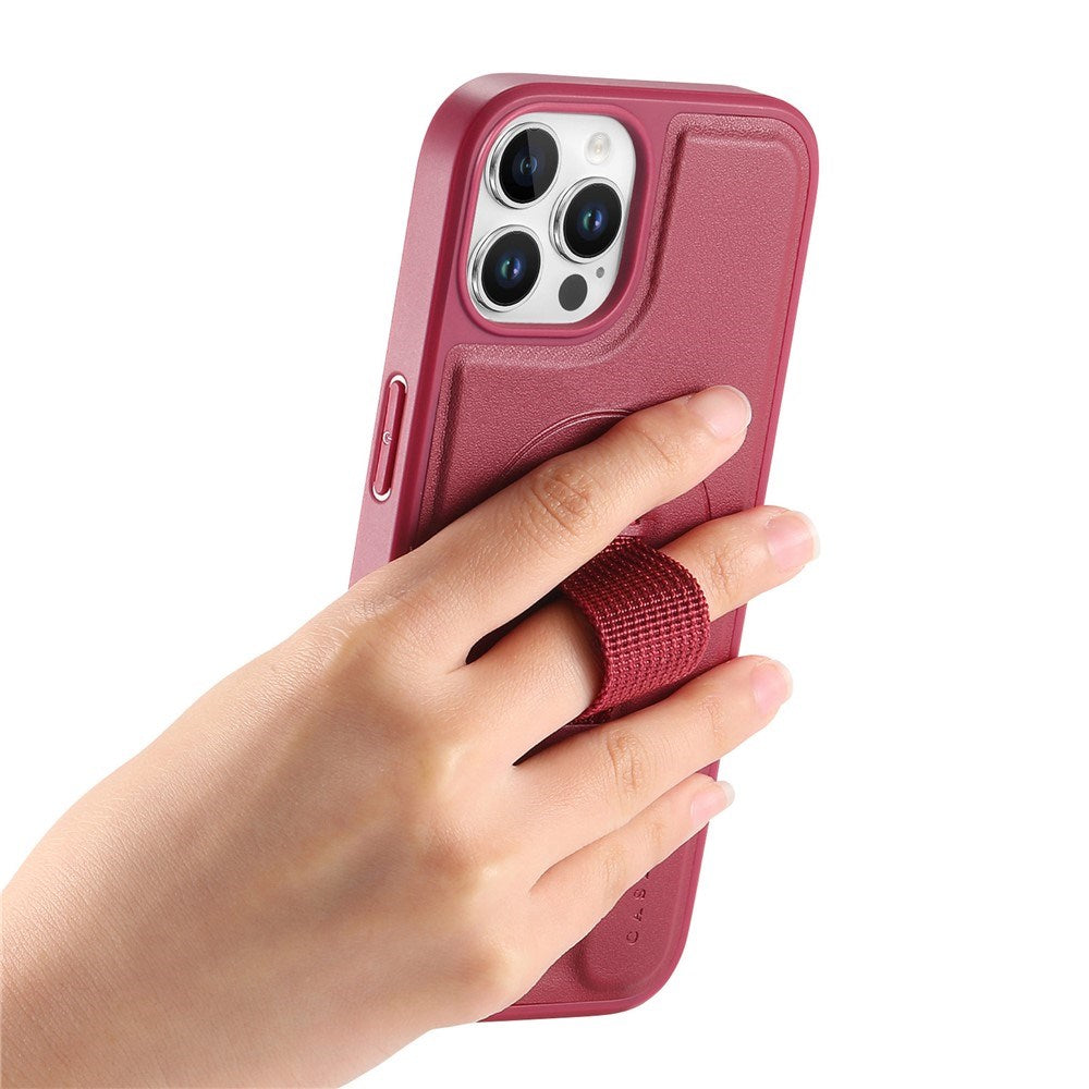 iPhone 12 / 12 Pro Hard Plastic Case with Faux Leather Back & Finger Strap - MagSafe Compatible - Red